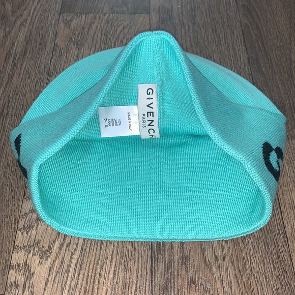 Givenchy Adult Unisex Split Logo Wool Beanie in Turquoise w black font, preloved - Picture 12 of 17